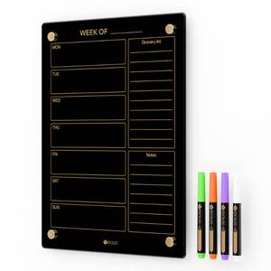 lot 48833 image: Black Glass Golden Weekly Dry Erase Calendar & Menu Whiteboard for Wall, Meal Planning & Grocery Shopping List White Board for Kitchen & Home, 15x11, 4 Wet Erase Markers Included, Yeoux - Retail $28