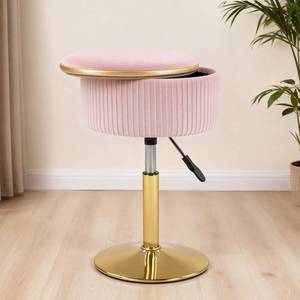 lot 48837 image: LITZFUR Adjustable Vanity Stool with Storage, 360° Swivel Gold Chair, Velvet Small Round Ottoman Footrest for Bathroom, Makeup Room, Pink - Retail $50