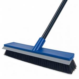 lot 48842 image: Push Broom Outdoor 2 in 1 with Rubber Squeegee and Stiff Bristle Deck Brush 58 Long Handle for Deck Patio Garage Warehouse Driveway Concrete Floor Cleaning Scrubbing(Blue) 16inch  - Retail $10