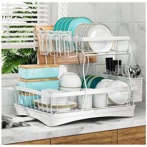 lot 48852 image: Large Dish Drying Rack, 2-Tier Dish Racks for Kitchen Counter, Detachable Large Capacity Dish Drainer Organizer with Utensil Holder, Dish Drying Rack with Drain Board, White 7 code - Retail $27
