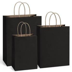 lot 48859 image: BagDream 75Pcs Kraft Paper Bags 5x3x8& 8x4.25x10& 10x5x13 Black Gift Bags with Handles Bulk for Craft, Retail, Merchandise, 100% Recycled Undecorated Paper Sacks - Retail $24