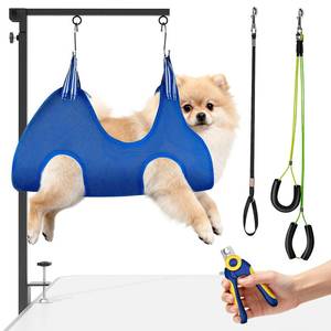 lot 51668 image: Hogni Professional Foldable Dog Grooming Arm with Heavy-Duty Clamp - Adjustable Height 26-40, Table-Mountable Restraint System with Hammock & No-Sit Holder for Small Medium Dogs - Retail $36