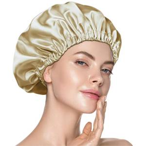 lot 51674 image: Silk Bonnet,Double Layer-Hair Bonnet for Sleeping,Silk Sleep Cap for Women & Men,Satin Sleep Cap for Curly-Braids Hair Champagne - Retail $6