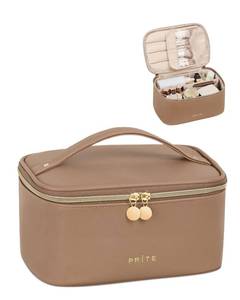 lot 51676 image: Prite Makeup Bag, Large Capacity Portable Travel Cosmetic Bag, Waterproof Makeup Organizer for Women with Handle and Divider (001 Brown) - Retail $20