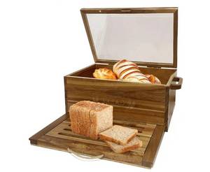 Large Acacia Wooden Bread Box for Kitchen Counter Bread Cutting Board with Crumb Tray Bread Storage Container Farmhouse Bread Box for Your House (Acacia Wooden, Long 14.5 Inch)