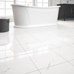 lot 55205 image: 20-Pack Peel and Stick Floor Tiles Vinyl Floor 12 x 12 inch Self Adhesive Waterproof Glossy Flooring Planks DIY for Bathroom, Kitchen, Living Room, RV, Cover 20 Sq. Ft, Polish White Marble - Retail $20
