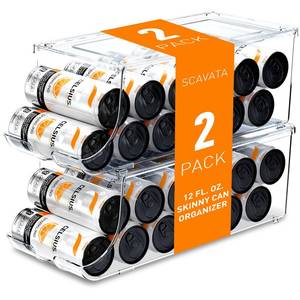 lot 55208 image: SCAVATA 2 Pack Skinny Can Organizer for Refrigerator, Stackable Tall Skinny Soda Pop Can Holder Dispenser with Lid for Fridge Pantry Rack Freezer, Clear Plastic Storage Bins-Holds 12 Slim Cans Each - Retail $30