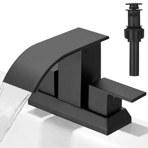lot 55231 image: Hoimpro 3 Holes 4 Inch Bathroom Faucet,4 Centerset Vanity Waterfall Bathroom Sink Faucet 2 Hole Two Handles cUPC Supply Hoses Pop Up Drain Matte Black - Retail $55
