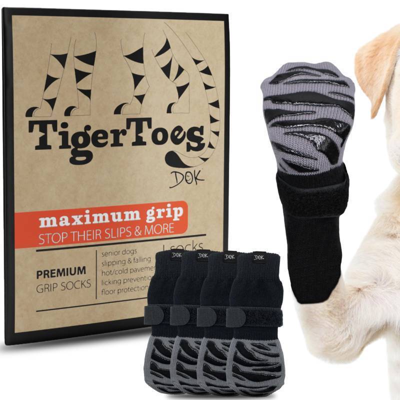 lot 29462 image: DOK TigerToes Premium Non-Slip Dog Socks for Hardwood Floors - Extra-Thick Grip That Works Even When Twisted - Prevents Licking, Slipping, and Great for Dog Paw Protection - Size Large