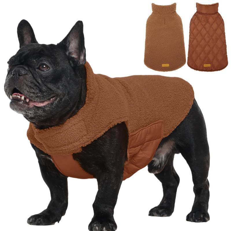 lot 29502 image: Kuoser Reversible Dog Coat Warm Fleece & Quilted Waterproof Dog Jacket, Double-Sided Cold Weather Dogs Winter Coat with Harness Hole, Windproof Pet Snow Vest for Small Medium Large Dogs, Brown M