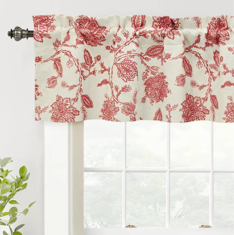 lot 48269 image: DriftAway Freda Jacobean Floral Linen Blend Blackout Thermal Insulated Energy Saving Privacy Window Linen Curtain Valance Rod Pocket 2 Layers Single 52 Inch by 14 Inch Plus 2 Inch Header Red Beige