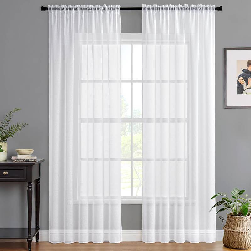 lot 48270 image: MIULEE Semi White Sheer Curtains 84 Inches Length Linen Textured Window Treatment Voile Drapes for Bedroom Living Room Rod Pocket 2 Panels 54 W x 84 L