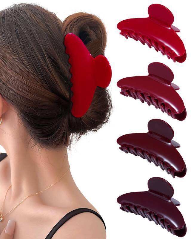 lot 24021 image: Mesovor 4 pack Acrylic Hair Clips Claws, Nonslip 4.1 Large Hair Grip Hairclips for Thin and Thick  French Banana Barrettes Hair Strong Hold Hair Jaw Clamps (Red, Cherry Red)