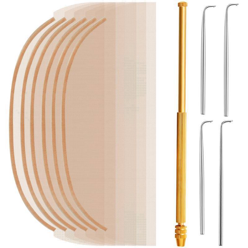lot 29442 image: Hanaive 11 Pieces Wig Making Kit Including 6 Swiss Lace Net and Brass Ventilating Holder with 4 Ventilating Needles Wig Kit for Lace Front Wigs for Beginners(Light Brown)