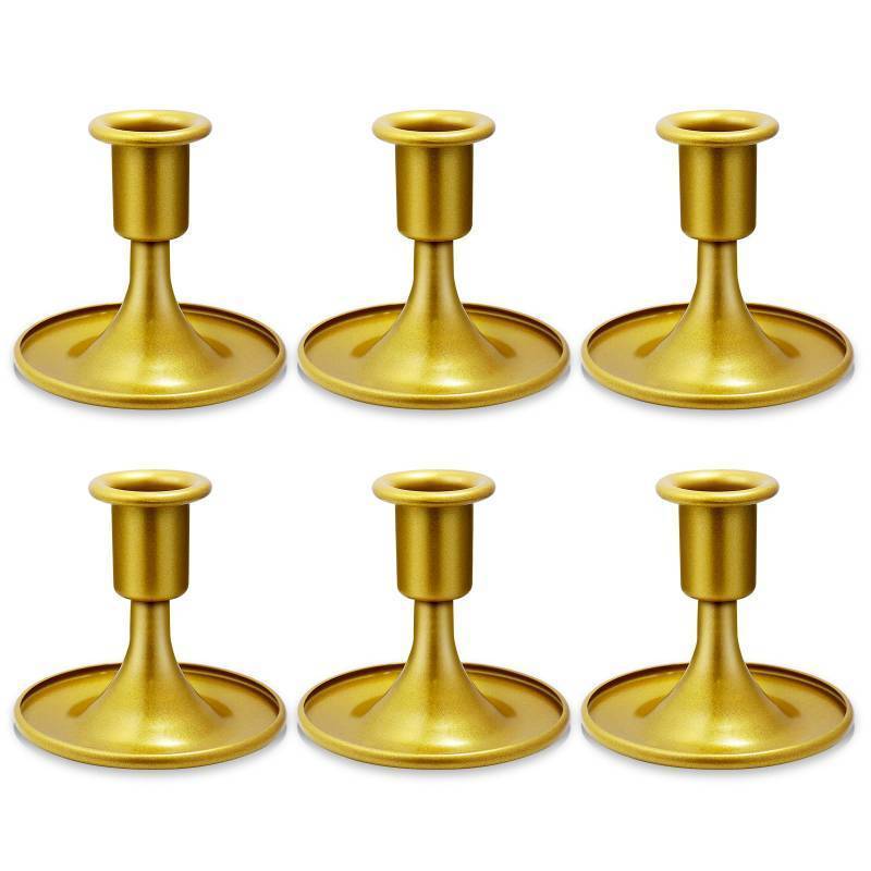 lot 47796 image: Candlestick Holders 6 PCS Short Metal Taper Candle Holders, KSWING Gold Candle Stick Holders Set, Perfect for Table Centerpiece Mantel Party Wedding Christmas Home Decor, Set of 6