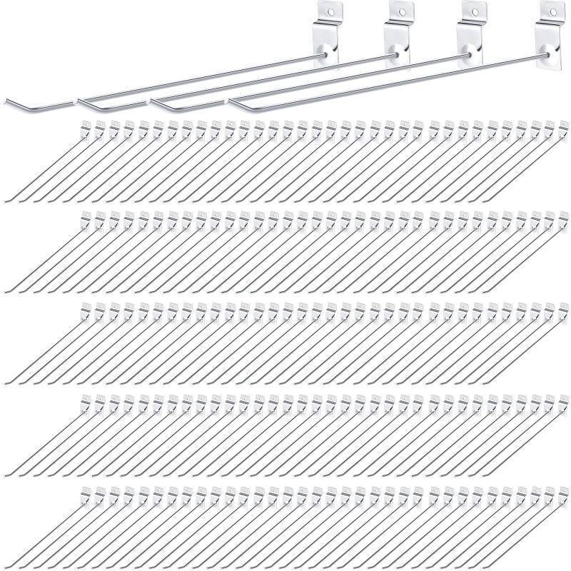 lot 48213 image: Therwen 100 Pieces 12 Inch Hanging Slatwall Hooks Accessories Metal Slat Wall Hanging Hooks Slat Wall Hanger Commercial Grade Slatwall Pegs(Load Capacity of 2.2 pounds)(Silver)