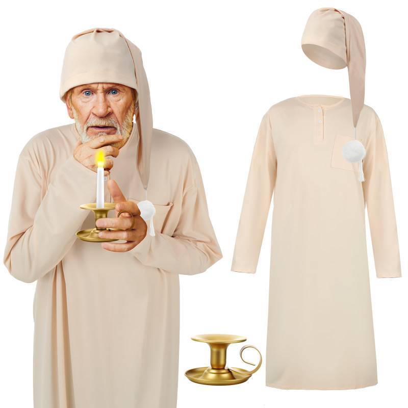 lot 55048 image: Liitrsh 3 Pcs Christmas Nightshirt Costume Cosplay Christmas Mens Pajama Nightgown Adjustable Sleep Cap Candle Holder(Large,Beige)