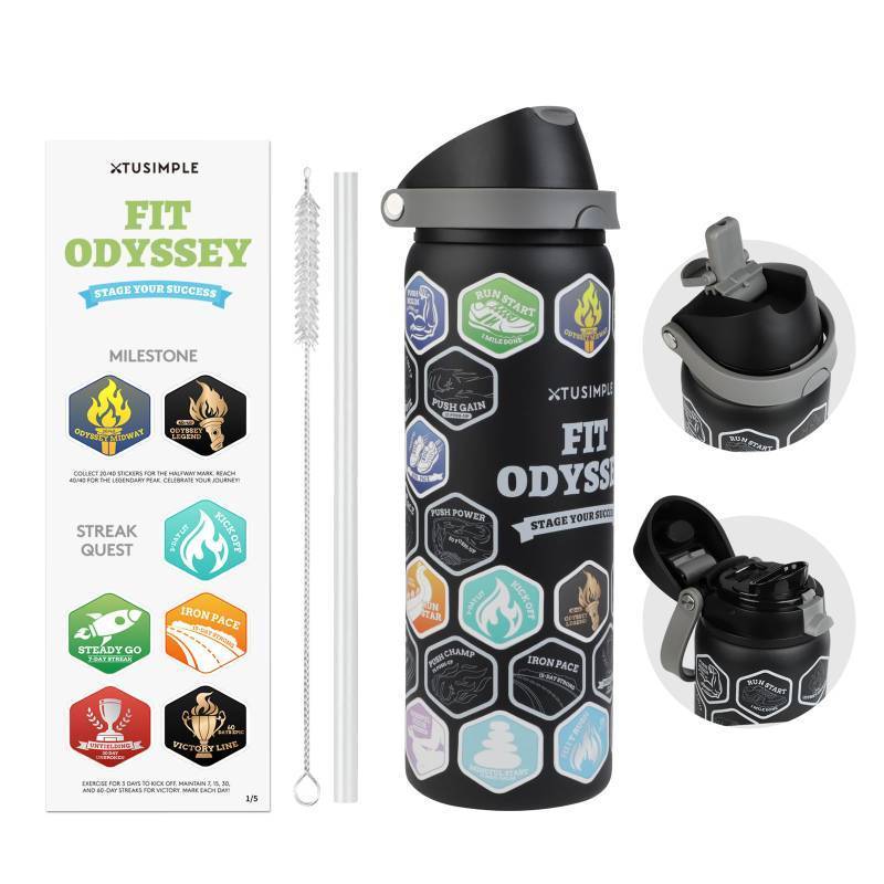 lot 55795 image: 32 oz Motivational Insulated Stainless Steel Water Bottle for Sports, Gym & Travel, 2-in-1 Push-Button Spout & Quick-Flip Straw, Leak-Proof BPA-Free, Keeps Cold 30H, with DIY Fitness Stickers