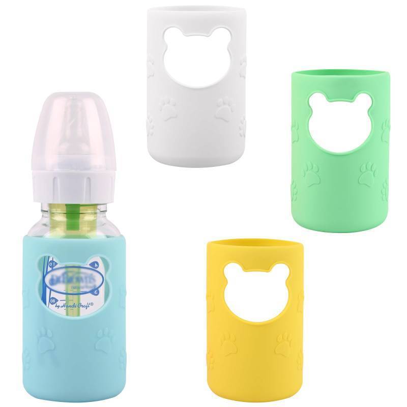 lot 29385 image: 4 Pack Silicone Sleeves for Dr Browns Glass Baby Bottles, Anti Breakage Baby Bottle Holder, Compatible Dr. Browns Natural Narrow Glass Baby Bottles 4 oz, BPA Free (WhiteBlueGreenYellow)