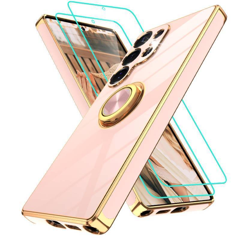lot 29402 image: Gritup for Samsung Galaxy S25 Ultra Case with 2Pcs Screen Protector, 360° Rotation Ring Holder Magnetic Kickstand Plating Gold Edge Soft TPU Shockproof Protective Cover for S25 Ultra, Pink