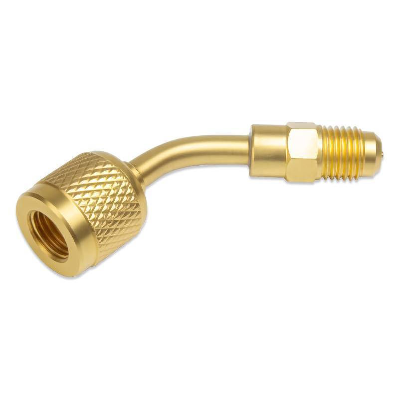 lot 29404 image: R32 R454B Refrigerant Brass Adapter, 14 Female to 14 Male Compatible with R-454B R-32 Refrigerant Tanks Mini Split Systems HVAC Connector Reverse Thread Connector Fitting 45 Degrees 1 Pc