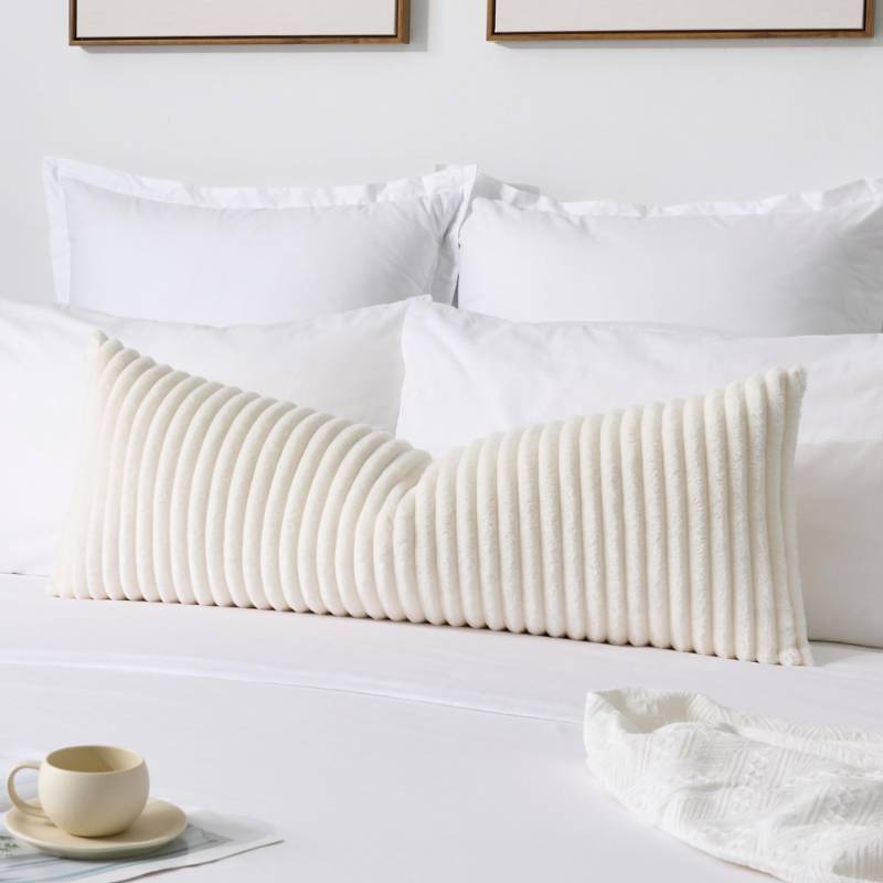lot 48148 image: Kevin Textile Soft Plush 14x36 Inch Long Lumbar Pillow Cover 1 Pack, Luxury Fluffy Faux Fur Striped Flannel Rectangle Body Cushion Case for Couch Sofa Chair Bed Home Decor, Cream White