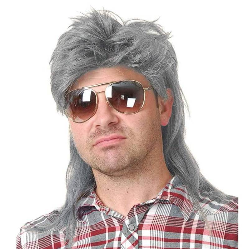 lot 53679 image: Kaneles Grey Mullet Wigs for Men 80s Retro Cosplay Halloween Costume Wig Funny Rocker Hair Male Wig(Grey)