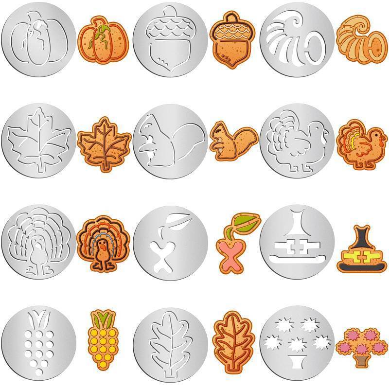 lot 53680 image: Nuenen 12 Pcs Thanksgiving Cookie Press Set Cookie Press Discs Stainless Steel Stencils Metal Mold Disc for Baking Holiday Cakes Thanksgiving Birthday Cake Decoration, 12 Style (Natural)