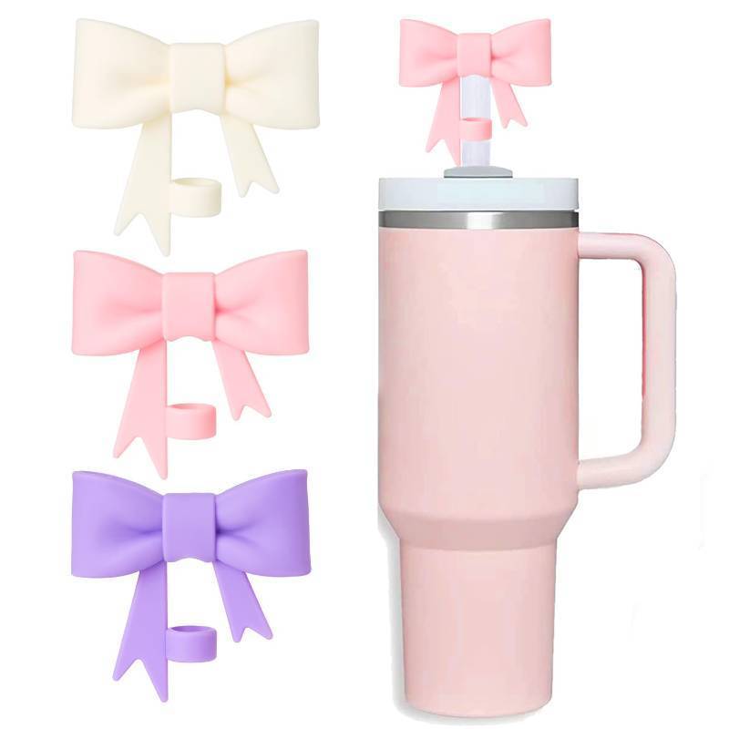 lot 54951 image: HIUSITY Bow Straw Cover Topper for Stanley Cup,Silicone Straws Toppers for Tumbler with Handle 40oz,Cute 10mm0.4in Covers Cap,Dust-Proof Reusable Lids for Stanleys Cups Accessories,Pink