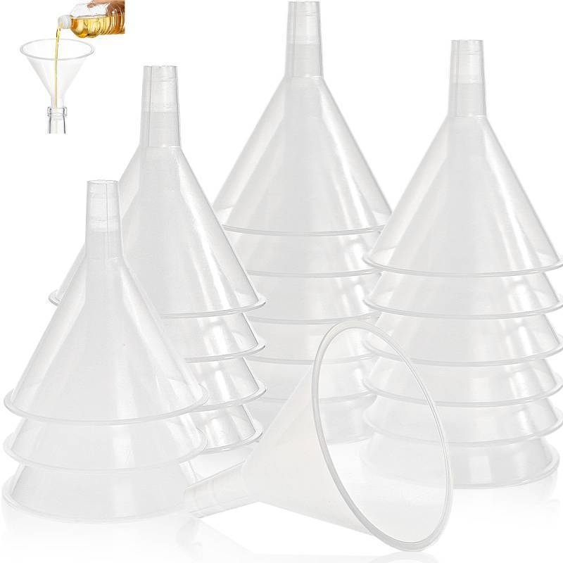 lot 54974 image: Tebery 20 Pack Plastic Funnels Set, 4.7 Inch Wide Mouth Funnel for Filling Bottles, Large Clear Kitchen Funnels with Long Spout, Reusable Liquid Transfer Funnel for Powder, Oil, Lab, DIY