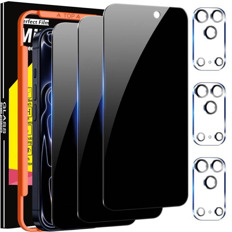 lot 54998 image: Milomdoi 3 Pack Privacy Screen Protector for iPhone 17 Pro Max Phone Case Friendly Accessories Private Film, 3 Pacs Tempered Glass Camera Lens Protector, with Mounting Frame for Apple Anti Spy,Black