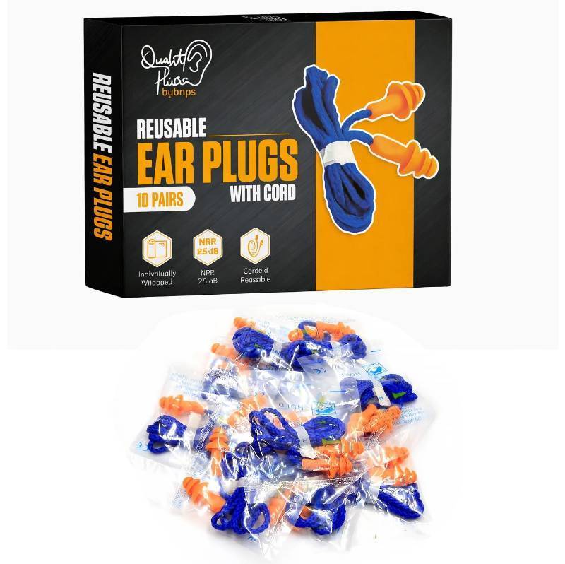 lot 55020 image: 10 Pair Corded Reusable Ear Plugs for Shooting Range Ear Protection for Gun Range - Hunting Ear Plugs for Construction Firearm Ear Protection Shooting Gun Hearing Protection Earplugs Corded