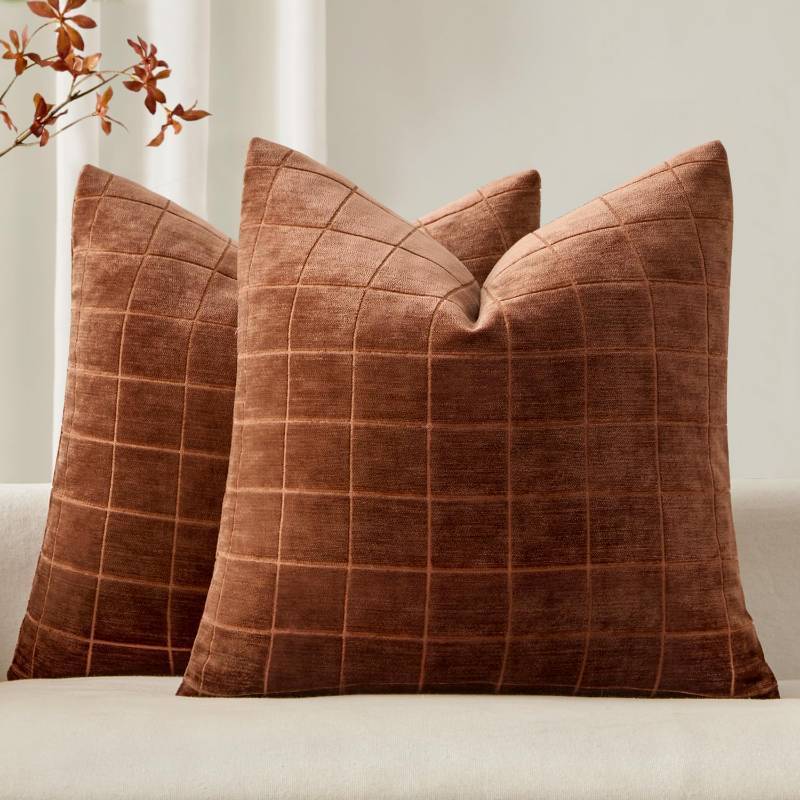 lot 23809 image: MIULEE Decorative Chenille Check Throw Pillow Covers Vintage Plaid Couch Pillows 20x20 Inch Set of 2 Neutral Boho Farmhouse Cushion Covers Modern Home Decor for Sofa Bed Living Room Burnt Orange