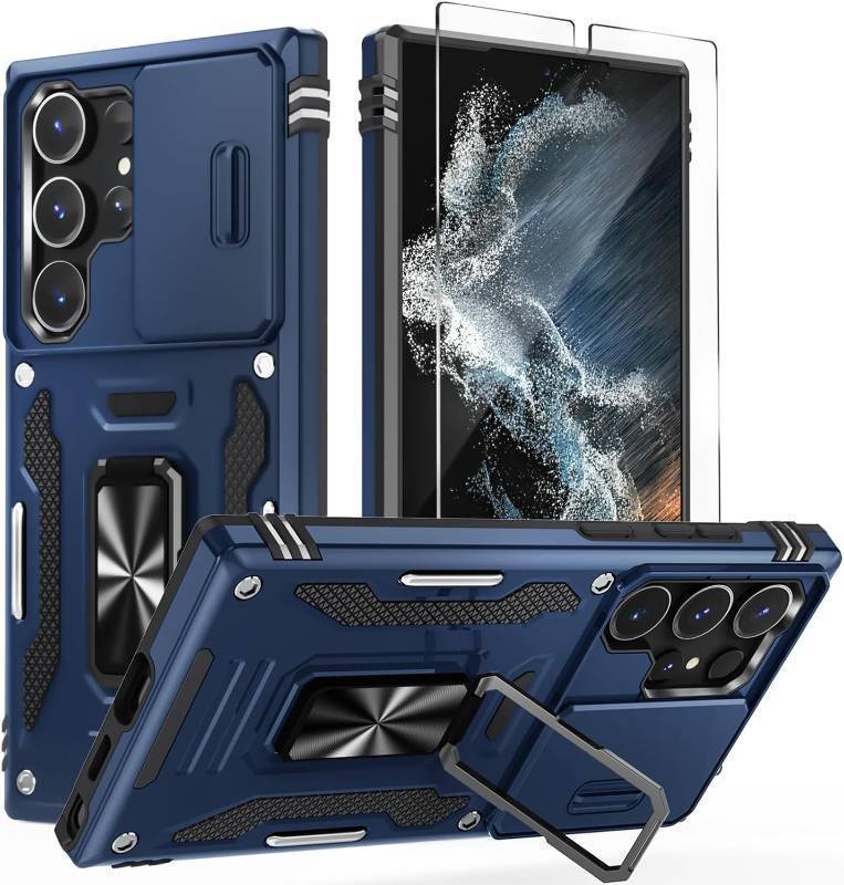 lot 29197 image: WRJ Case for Samsung Galaxy S25 Ultra 6.9-Inch Case with Slide Camera Cover and Screen Protector, Military Grade Protection Rotated Ring Kickstand Heavy Duty Shockproof Protective Case-Navy Blue