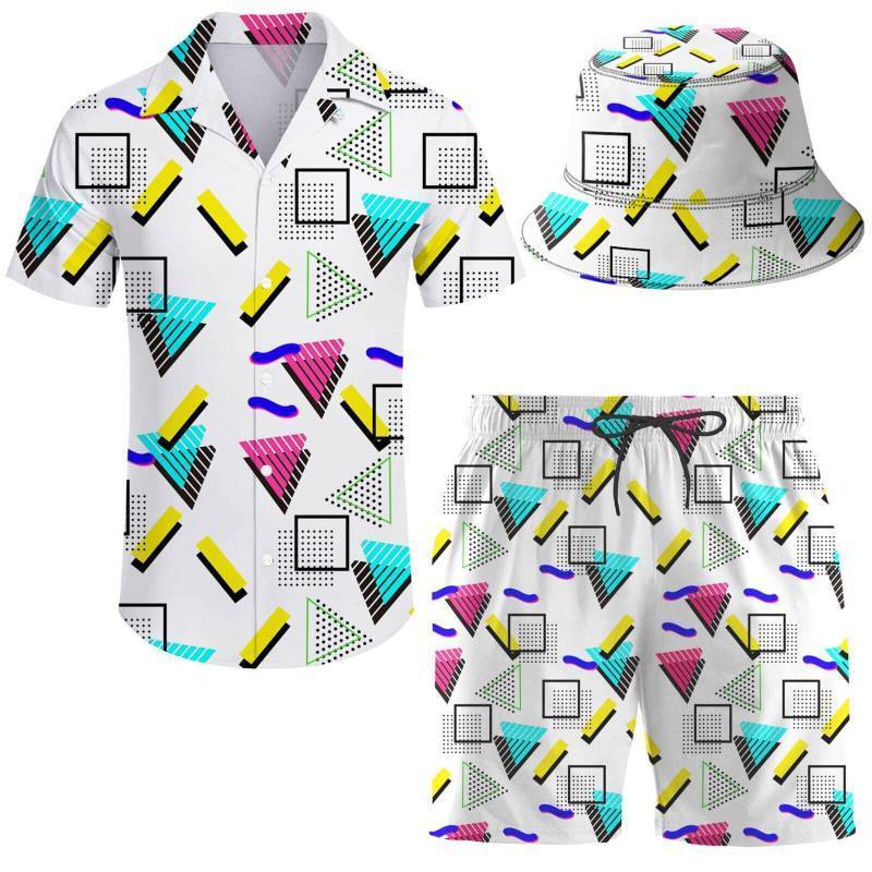lot 29541 image: ifamawlea Mens 2 Piece Tracksuit Retro 80s90s Memphis Graphics Hawaiian Shirt Shorts Button Down Shirt and Shorts X-Large (Hat Not Included)