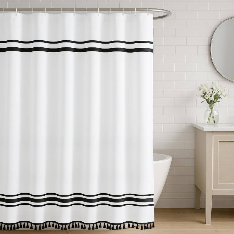 lot 29565 image: Seasonwood Black and White Shower Curtain Farmhouse Shower Curtain Striped Shower Curtains for Bathroom Sets Boho Shower Curtains with Tassels Modern Bathroom Curtains Decor Waterproof Fabric 72x72