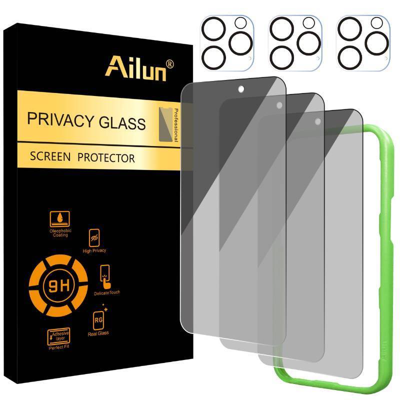 lot 39694 image: Ailun 3Pack Privacy Screen Protector for iPhone 16 Pro 6.3 inch3Pack Camera Lens Protector,Dynamic Island Compatible,Anti Spy Tempered Glass9H HardnessNot for iPhone 1616 Plus16 Pro Max16e