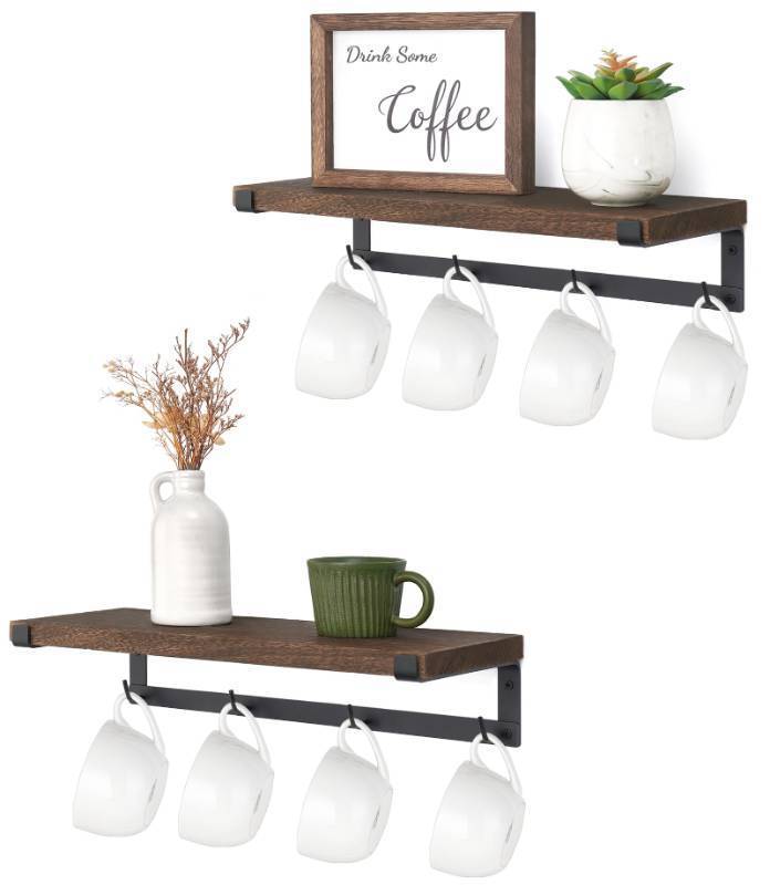 lot 48515 image: Dahey Mug Holder Wall Mounted Mug Rack with Hooks, Set of 2, Storage Rustic Floating Shelf Coffee Bar Accessories Wood Coffee Cup Hanger for Organizing Cooking Utensil Home Kitchen Decor, Brown