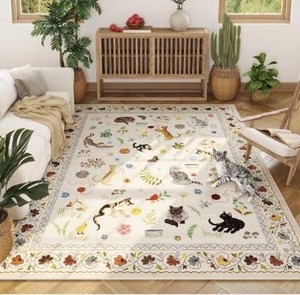 lot 3522 image: Rugcomf Area Rugs 8x10 Rug for Living Room Clearance Washable Boho Area Rug Non Slip Floral Animal Cat Vintage Low Pile Large Rug for Living Room Bedroom Farmhouse Dining Room Kids Playroom, Beige