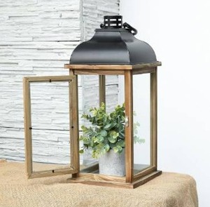 lot 3525 image: Farmhouse Wooden Candle Lantern with Glass Panel, Large 18 Rustic Decorative Lantern Holder, Vintage Wooden Hurricane Lantern for Candles, Indoor Outdoor Farmhouse Decor
