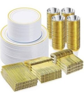 lot 3542 image: BESTVIP 600PCS Gold Dinnerware Set for 100 Guests, Plastic Plates for Party, 100 Gold Disposable Plates, 100 Dessert Plates, 100 Cups, 100 Spoons, 100 Forks and 100 Knives