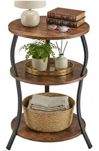 lot 3548 image: Round Side Table, 3-Tier End Table with Storage Shelf for Narrow and Small Spaces, Round Sofa Table Vintage Corner Tables for Living Room,Bedroom NightstandRustic Brown