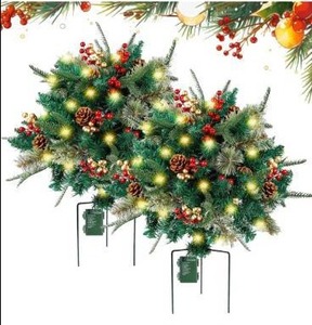 lot 3550 image: Holiday Planter Filler, Christmas Planter Filler Outdoor, Faux Holiday Planter Filler for Artificial Plants with Lights & Tripod Stake, Outdoor Christmas Decorations (2PCS)