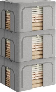 lot 3562 image: Pinkpum 3 Pack Clothes Storage Bins with Metal Frame, Closet Organizers and Storage Boxes, Sturdy Stackable & Foldable Clothes Organizer Bags with Clear Window & Long Carry Handles, Grey 40L