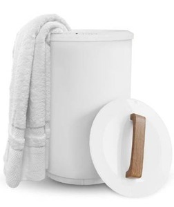 lot 3564 image: SAMEAT Heated Towel Warmers for Bathroom - Large Towel Warmer Bucket, Wood Handle, Auto Shut Off, Fits Up to Two 40X70 Oversized Towels, White