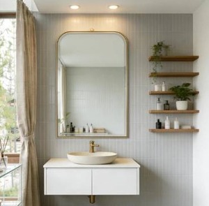 lot 3575 image: POZINO Oblong Beveled Mirror, 22x35 Brushed Gold Vanity Mirror for Over Sink, Stainless Steel Frame Brass Rectangle Mirrors for Bathroom Bedroom Living Room Entryway Hallway