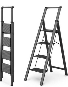 lot 3576 image: WOA WOA 4 Step Ladder, Ladders for Home, Anti-Slip Aluminum Pedals, Step Stool Foldable, Lightweight to Move, Ease of Storage, Reach 9ft for Closet Kitchen Library, Hold 300lbs - Black