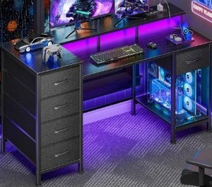lot 3577 image: 47 Inch Computer Desk with 5 Fabric Storage Drawers,Gaming Desk with Power Outlets & LED Lights,Reversible Home Office Desk with Monitor Stand for Working Writing Study, Black