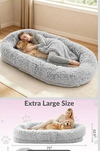 lot 3584 image: Human Dog Bed for Adult Faux Fur Washable Human Dog Bed Portable Handle, Egg Orthopedic Foam Human Bed Extra Large with Present Blanket Grey