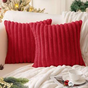 lot 3639 image: MOSAYT Christmas Faux Fur Throw Pillow Covers 18x18, Set of 2, Plush Velvet Soft Pillow Case,Fluffy Striped Decorative Couch Pillow Covers for Sofa, Bedroom, Living Room(Red)